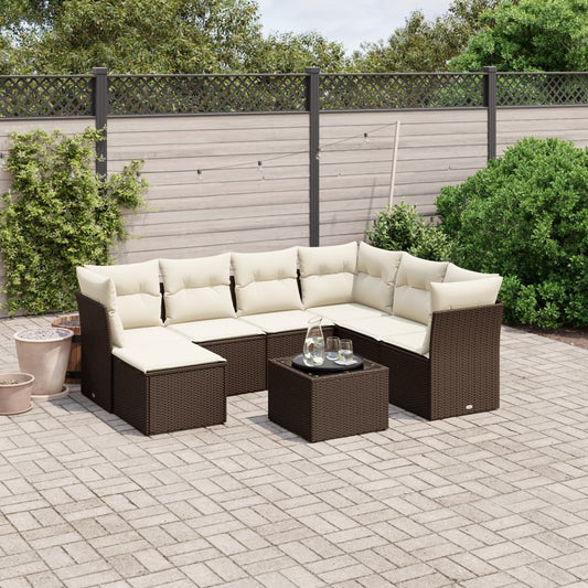 8-delige Loungeset met kussens poly rattan bruin