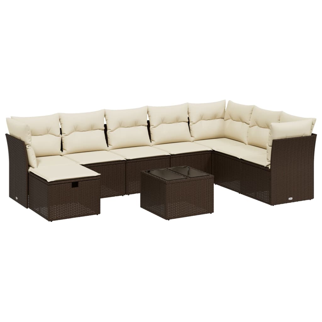 9-delige Loungeset met kussens poly rattan bruin