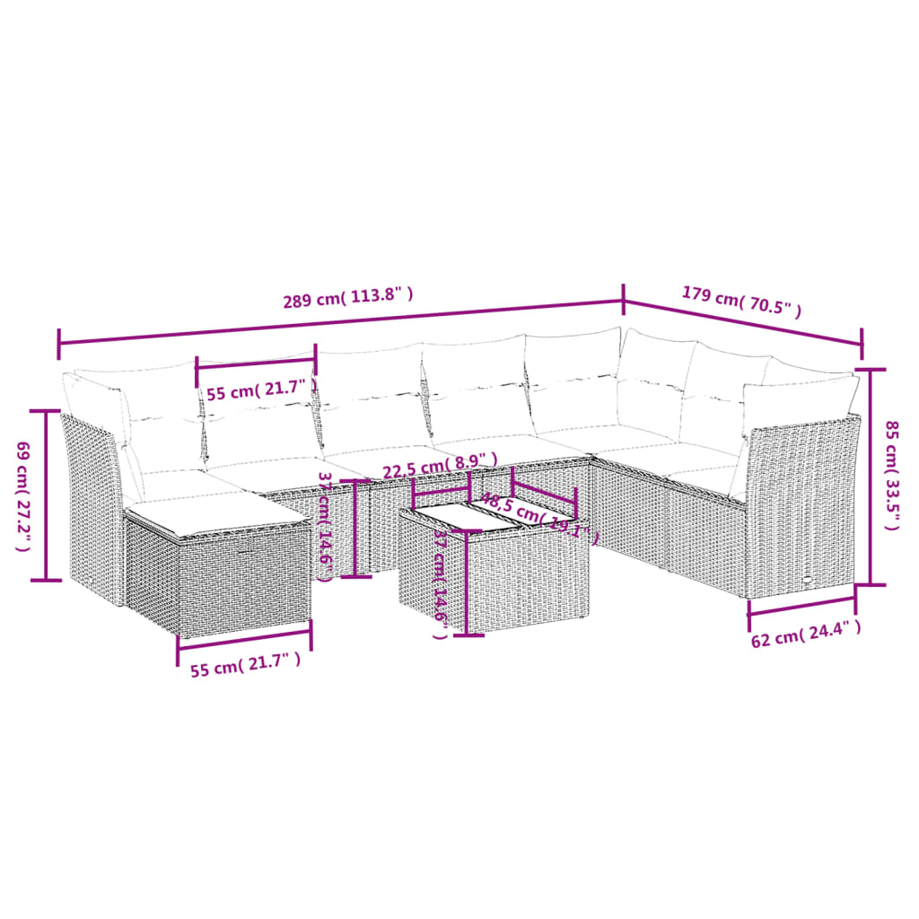 9-delige Loungeset met kussens poly rattan bruin