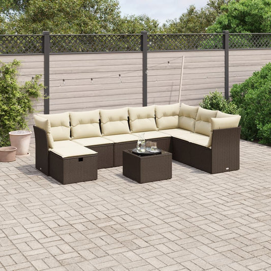 9-delige Loungeset met kussens poly rattan bruin