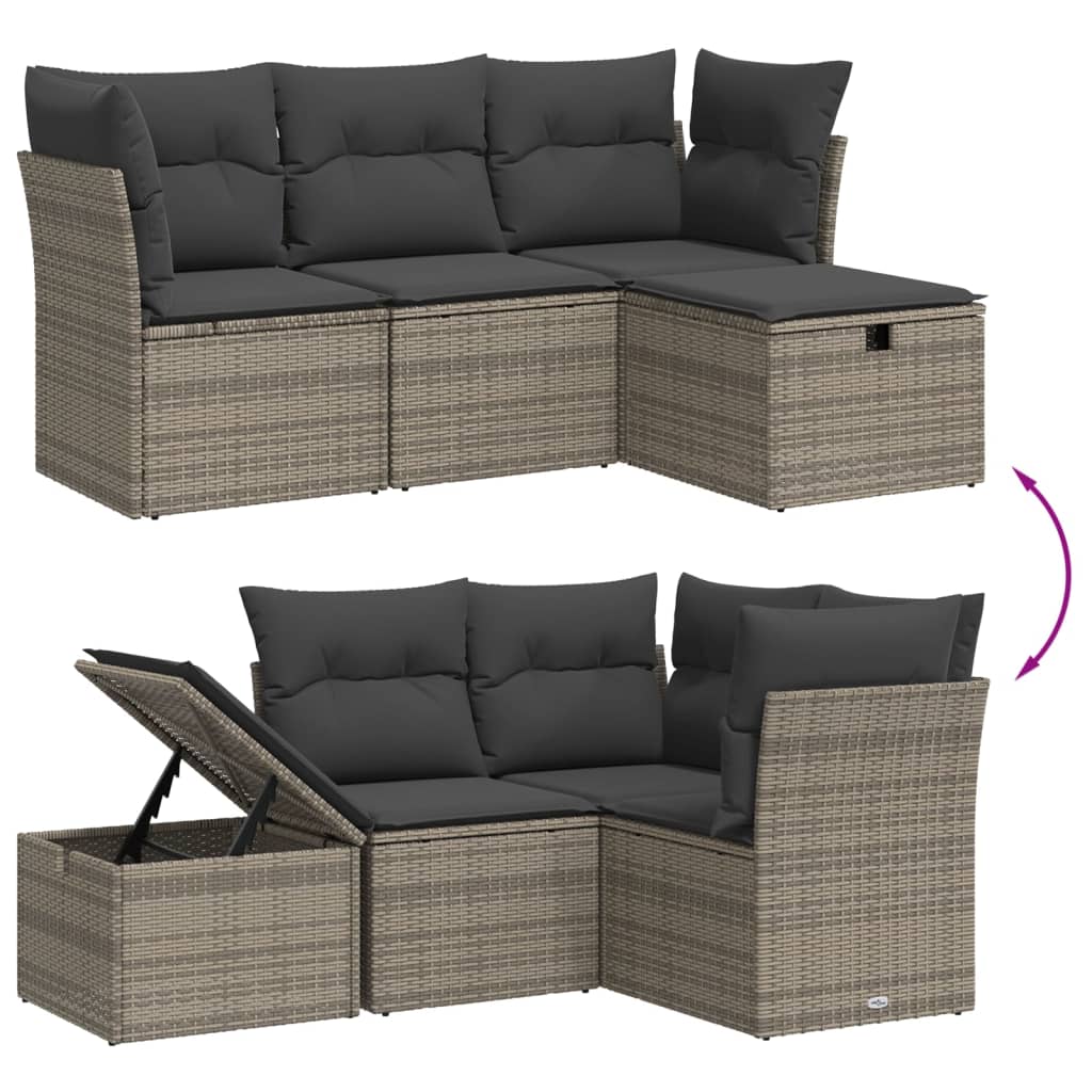 4-delige Loungeset met kussens poly rattan grijs