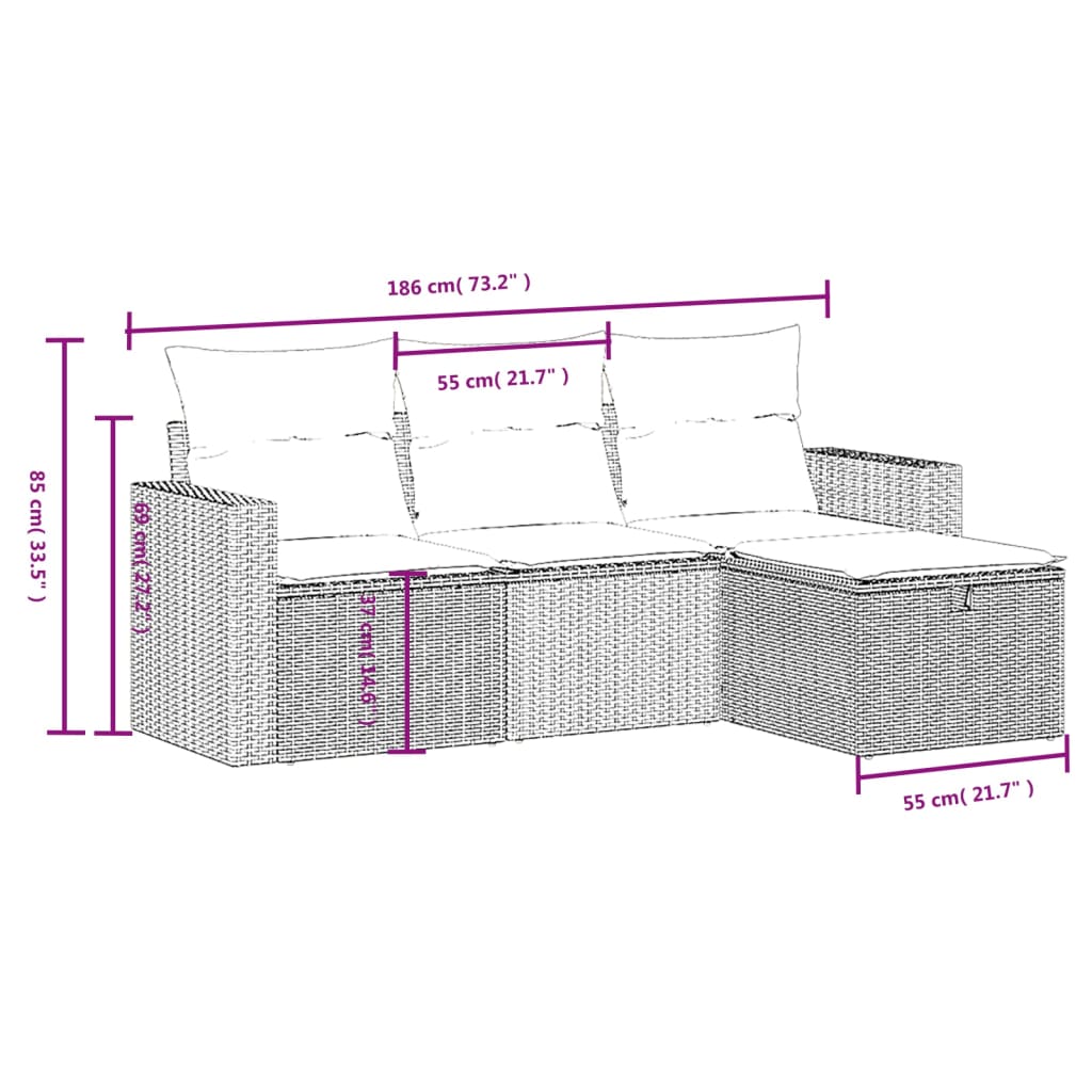 4-delige Loungeset met kussens poly rattan grijs