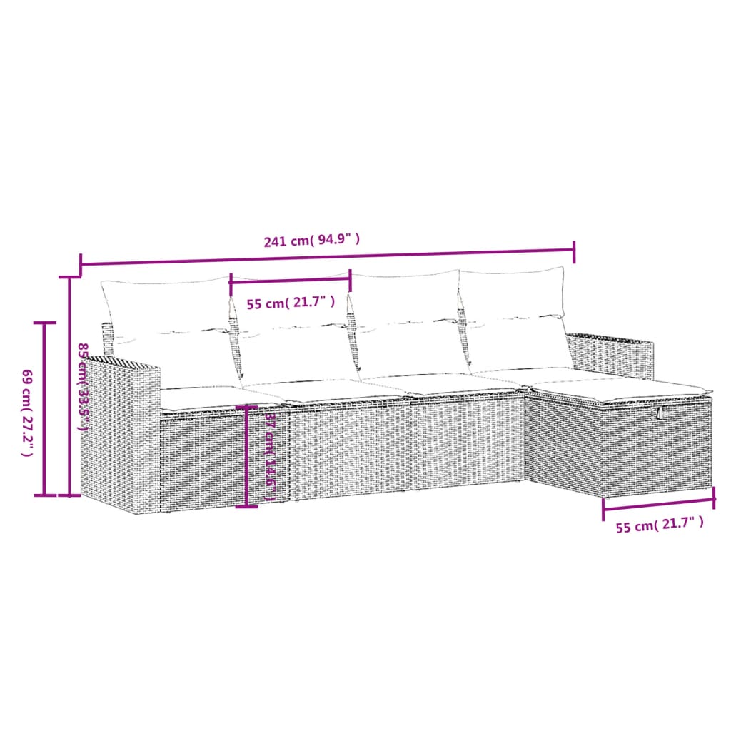 5-delige Loungeset met kussens poly rattan grijs