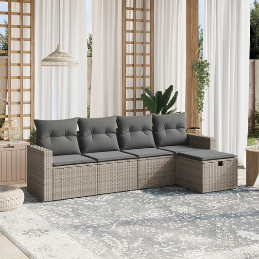 5-delige Loungeset met kussens poly rattan grijs