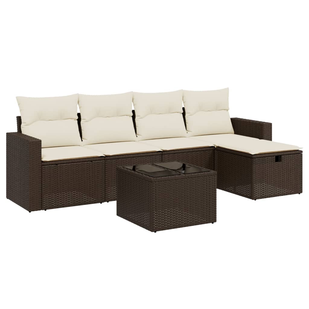 6-delige Loungeset met kussens poly rattan bruin