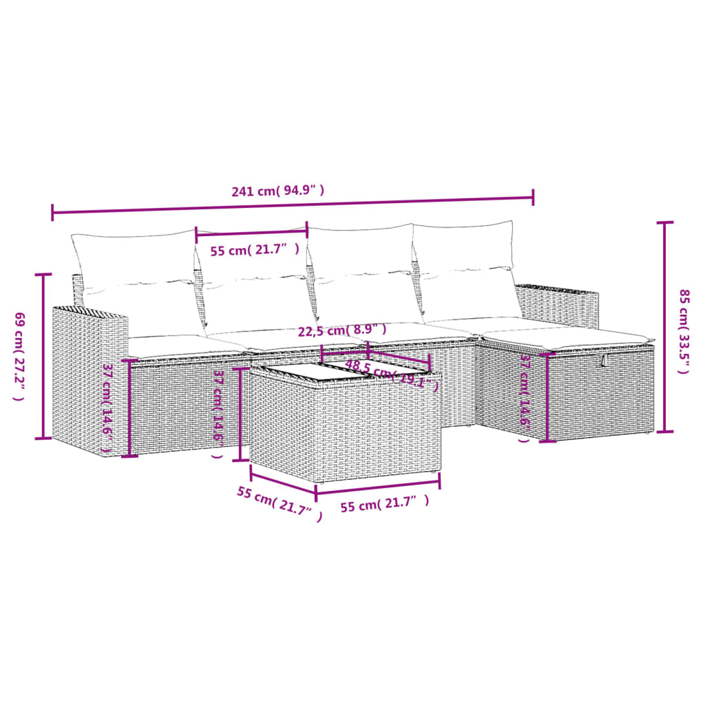 6-delige Loungeset met kussens poly rattan bruin