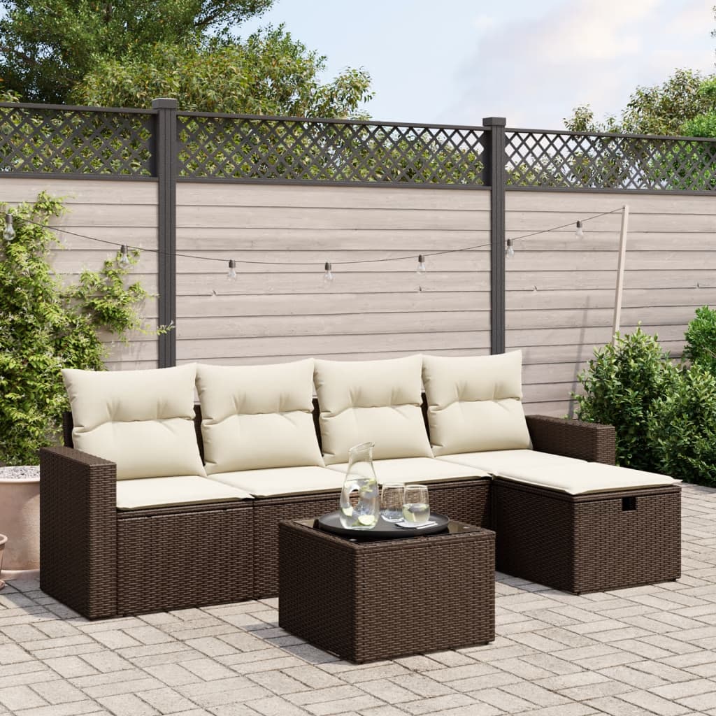 6-delige Loungeset met kussens poly rattan bruin