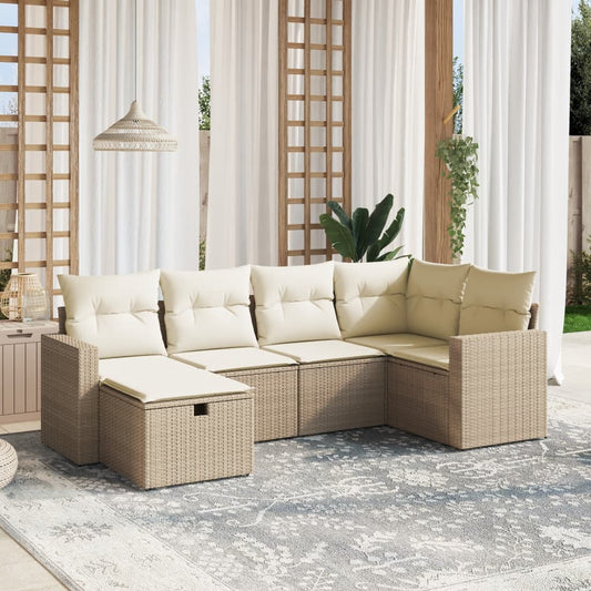 6-delige Loungeset met kussens poly rattan beige