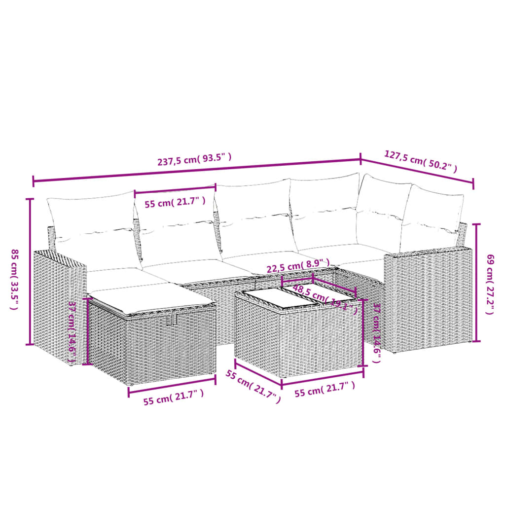 7-delige Loungeset met kussens poly rattan zwart Tuinsets | Creëer jouw Trendy Thuis | Gratis bezorgd & Retour | Trendy.nl