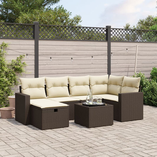 7-delige Loungeset met kussens poly rattan bruin