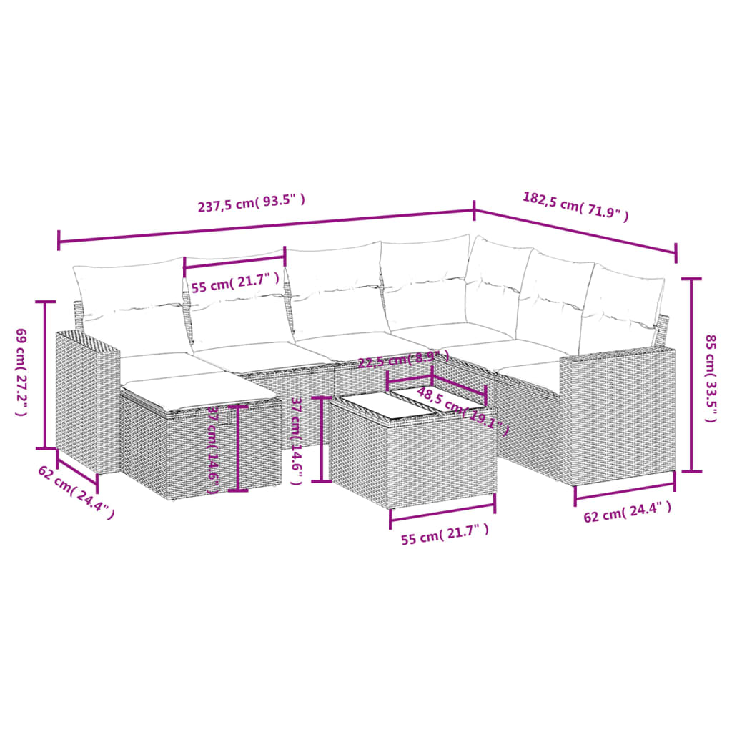 8-delige Loungeset met kussens poly rattan bruin