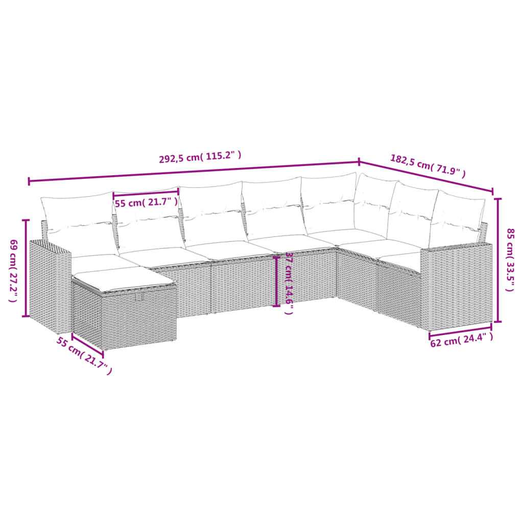 8-delige Loungeset met kussens poly rattan lichtgrijs Tuinsets | Creëer jouw Trendy Thuis | Gratis bezorgd & Retour | Trendy.nl