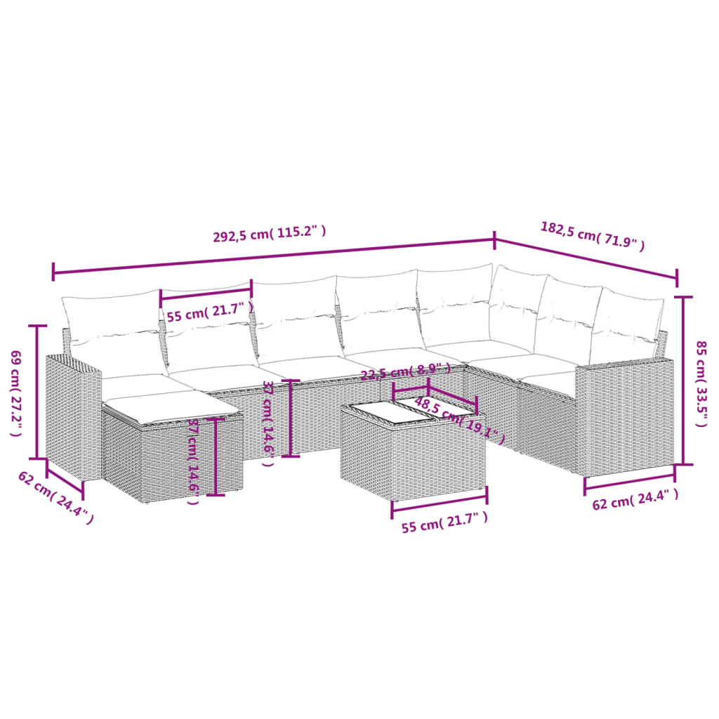 9-delige Loungeset met kussens poly rattan lichtgrijs Tuinsets | Creëer jouw Trendy Thuis | Gratis bezorgd & Retour | Trendy.nl