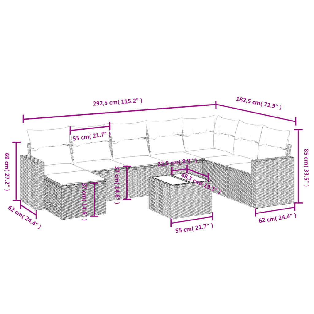 9-delige Loungeset met kussens poly rattan bruin