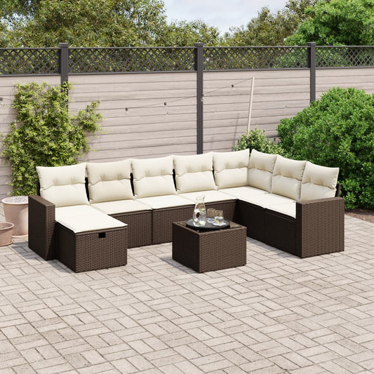 9-delige Loungeset met kussens poly rattan bruin