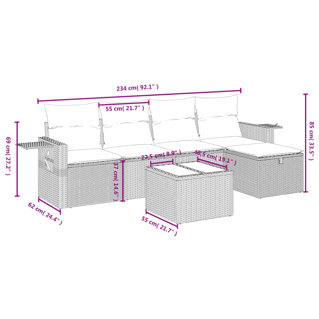 6-delige Loungeset met kussens poly rattan zwart Tuinsets | Creëer jouw Trendy Thuis | Gratis bezorgd & Retour | Trendy.nl