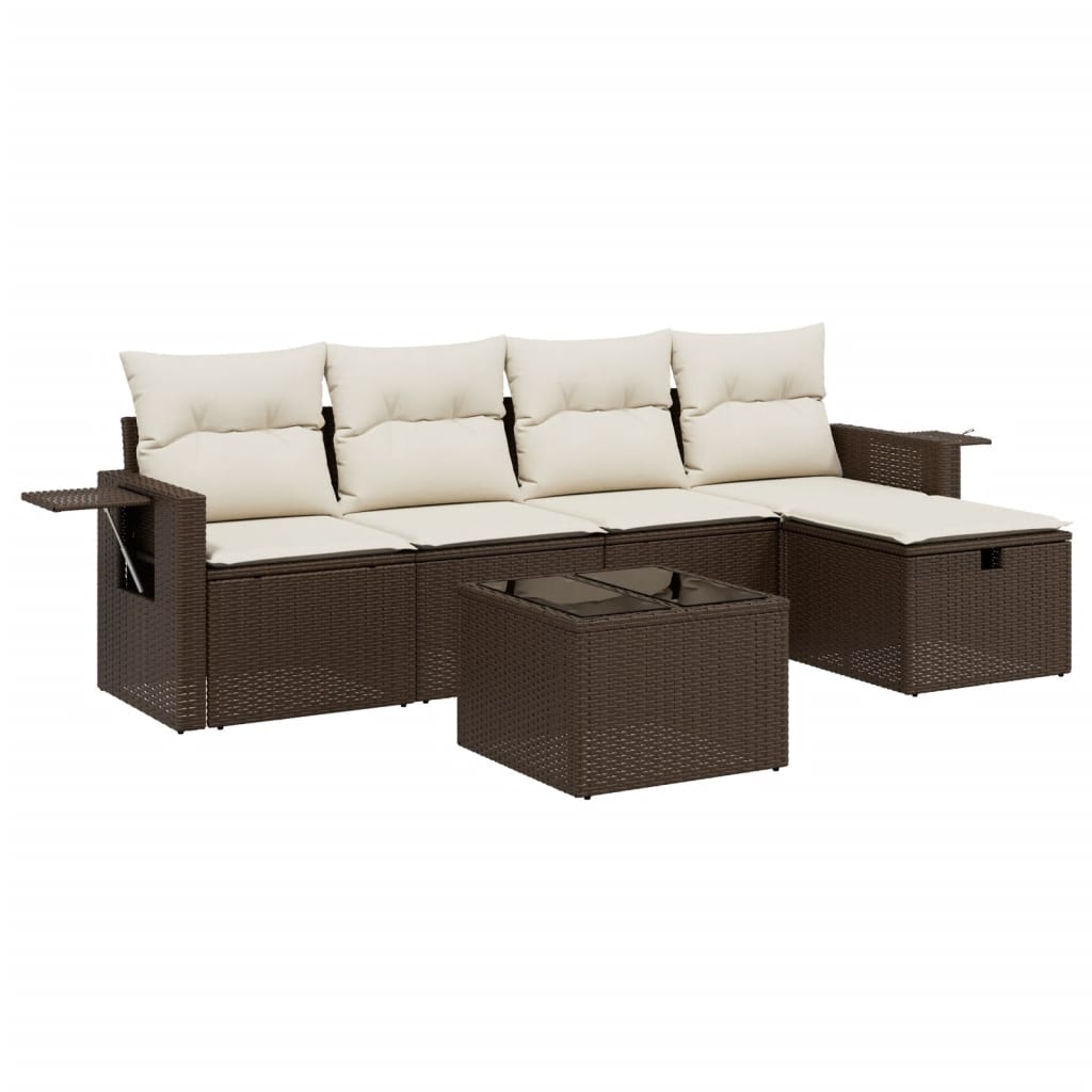 6-delige Loungeset met kussens poly rattan bruin