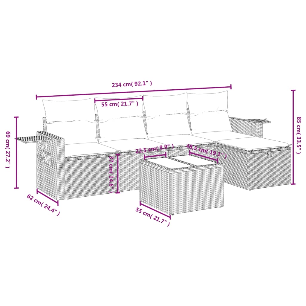 6-delige Loungeset met kussens poly rattan bruin