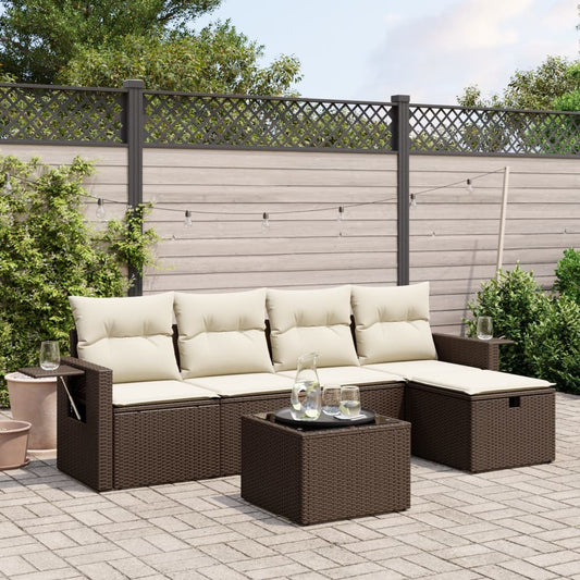 6-delige Loungeset met kussens poly rattan bruin