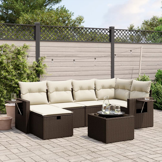 7-delige Loungeset met kussens poly rattan bruin