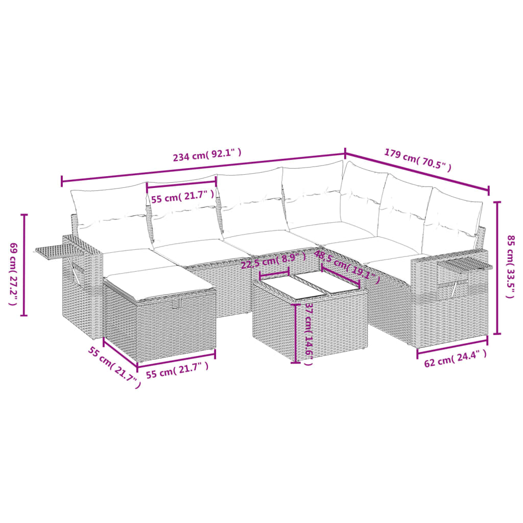 8-delige Loungeset met kussens poly rattan bruin