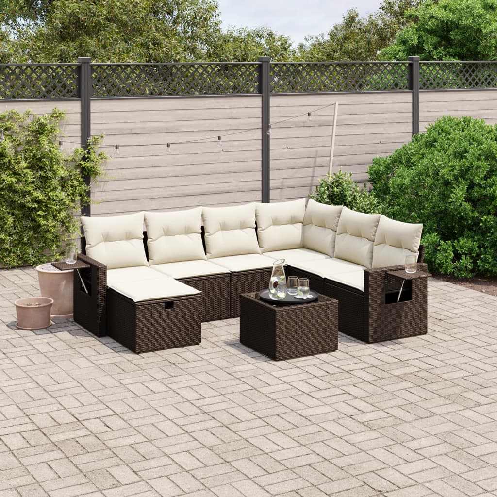 8-delige Loungeset met kussens poly rattan bruin