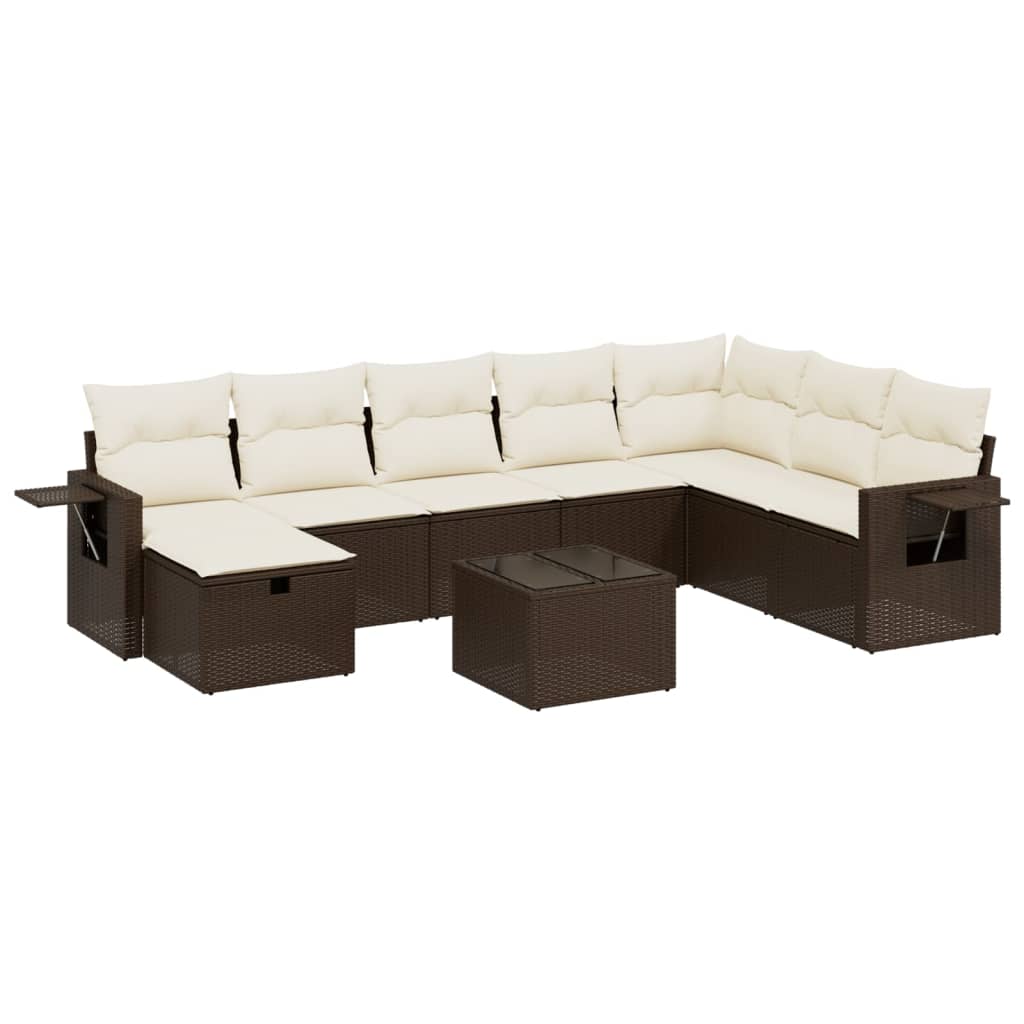 9-delige Loungeset met kussens poly rattan bruin