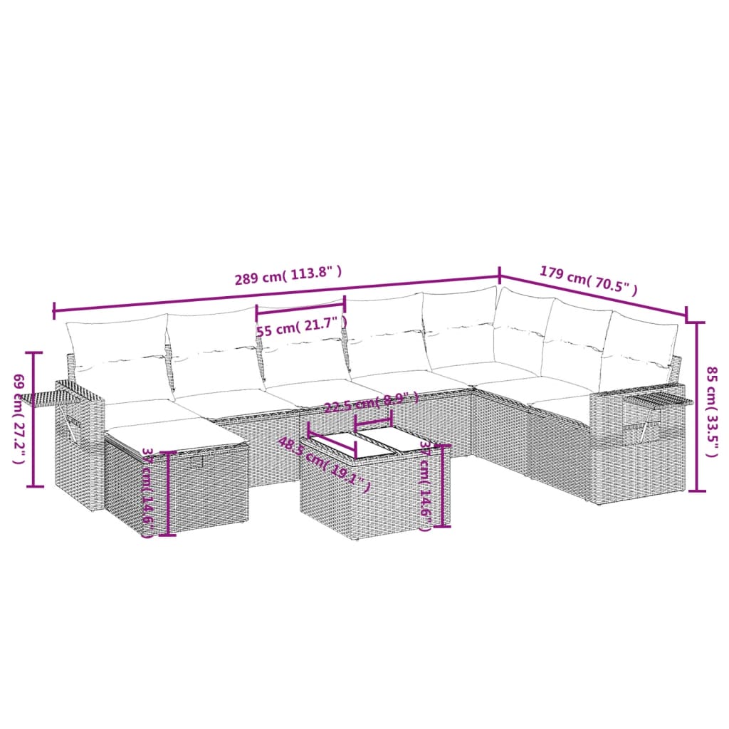 9-delige Loungeset met kussens poly rattan bruin