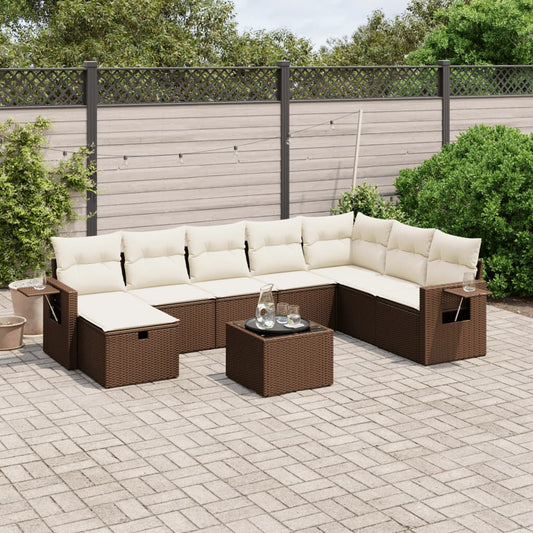 9-delige Loungeset met kussens poly rattan bruin