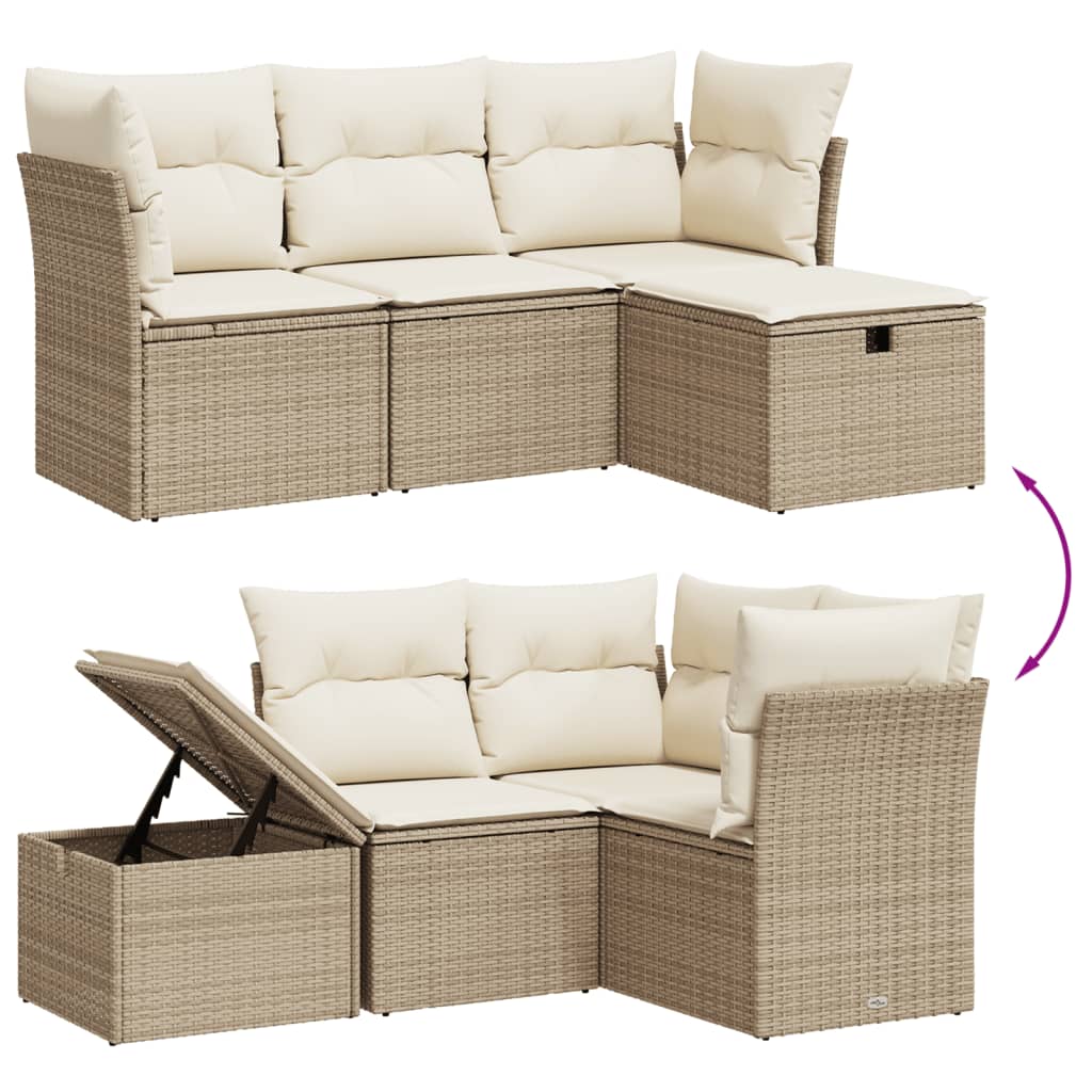 4-delige Loungeset met kussens poly rattan beige