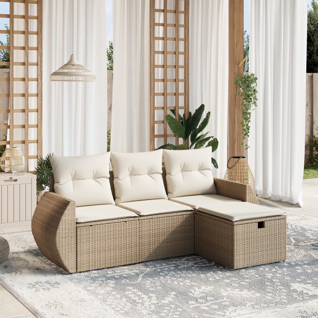 4-delige Loungeset met kussens poly rattan beige