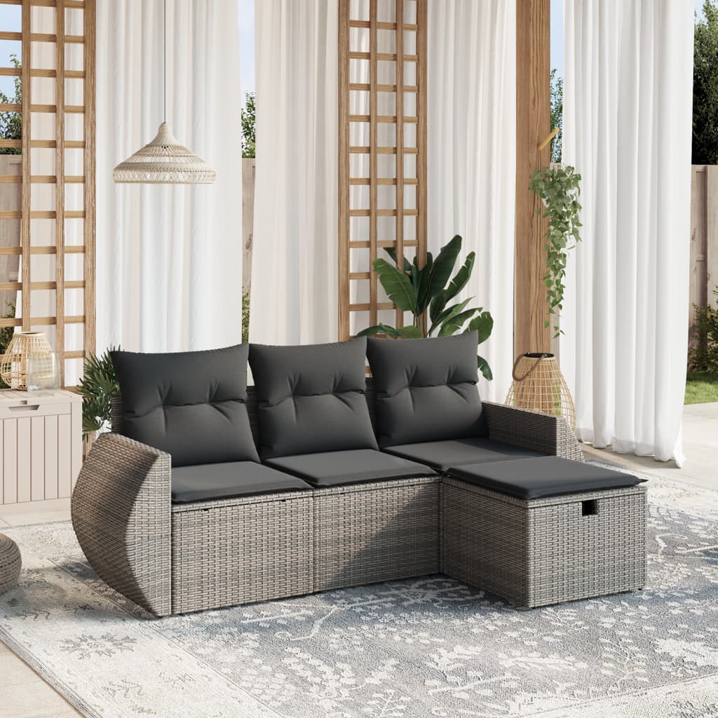 4-delige Loungeset met kussens poly rattan grijs