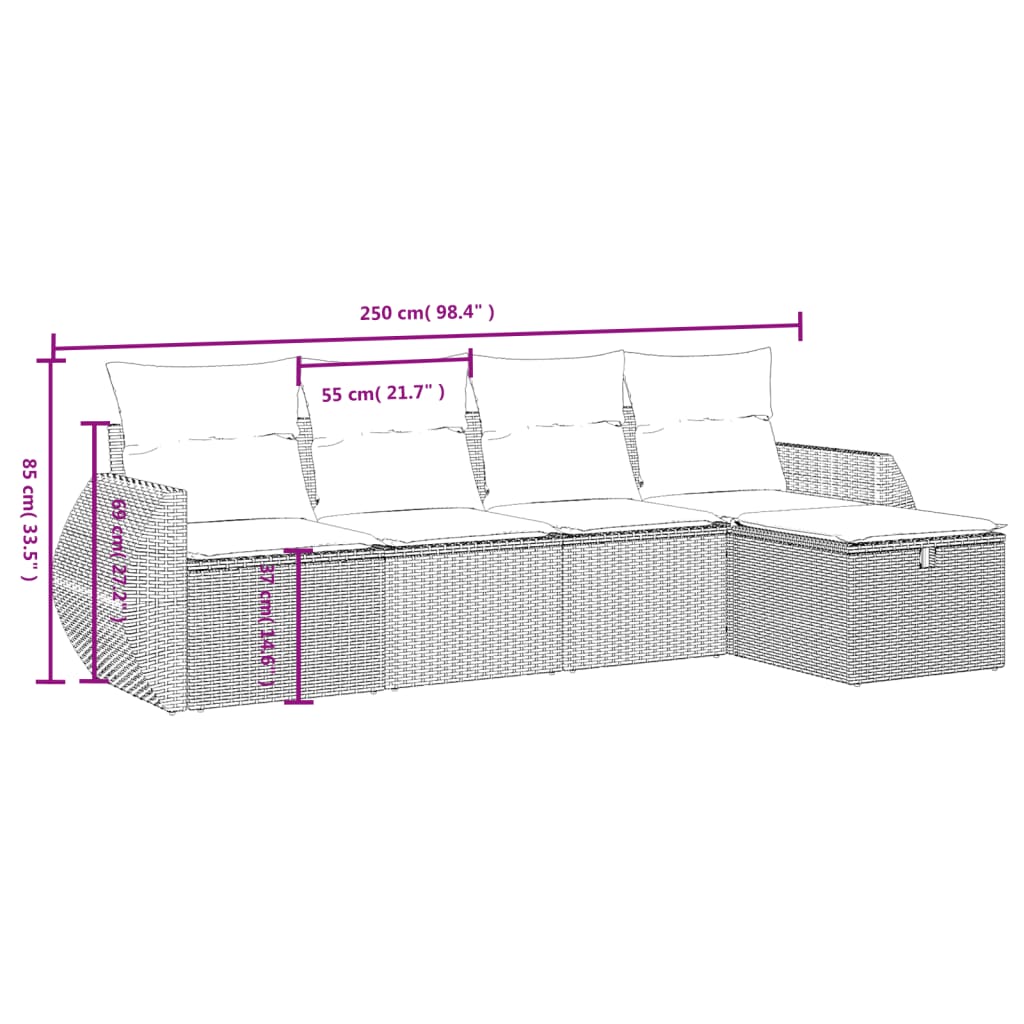 5-delige Loungeset met kussens poly rattan grijs