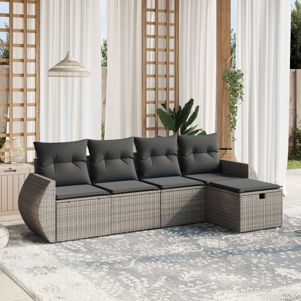 5-delige Loungeset met kussens poly rattan grijs