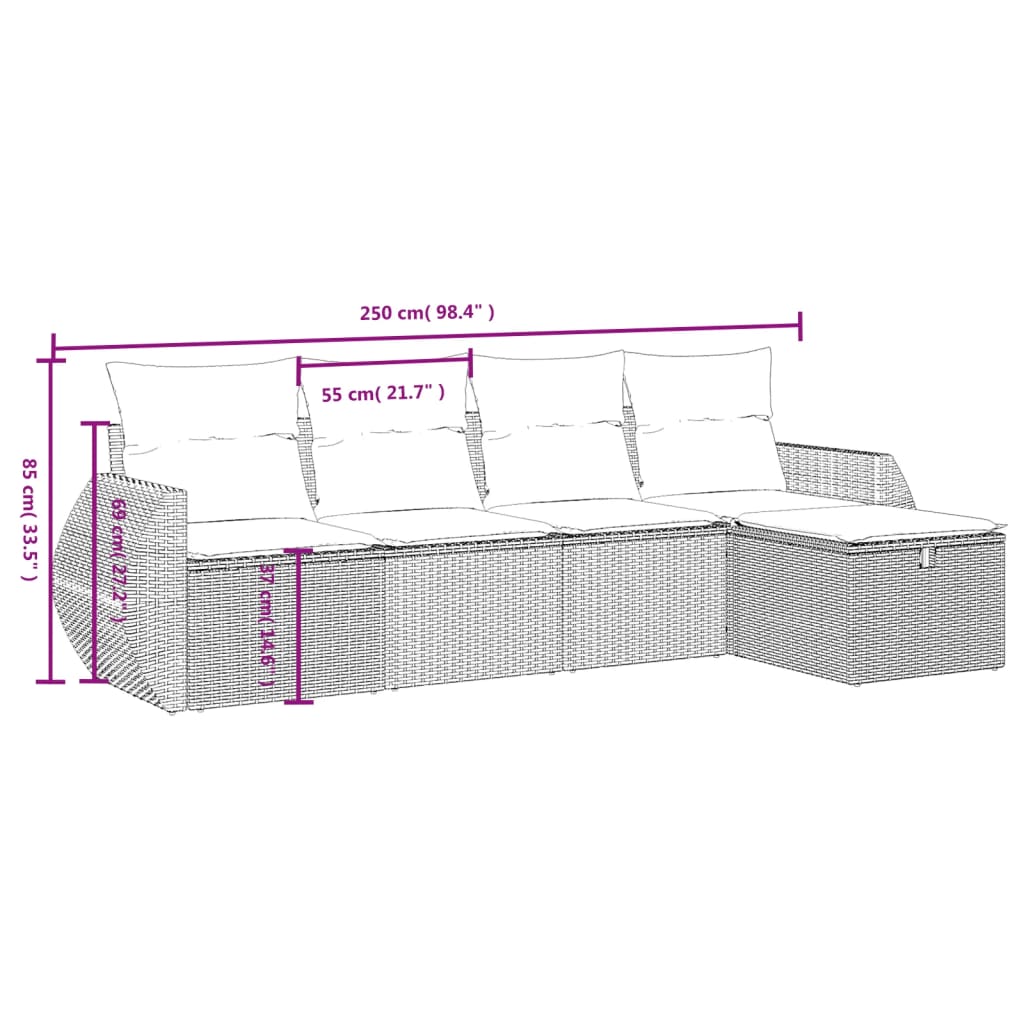 5-delige Loungeset met kussens poly rattan bruin