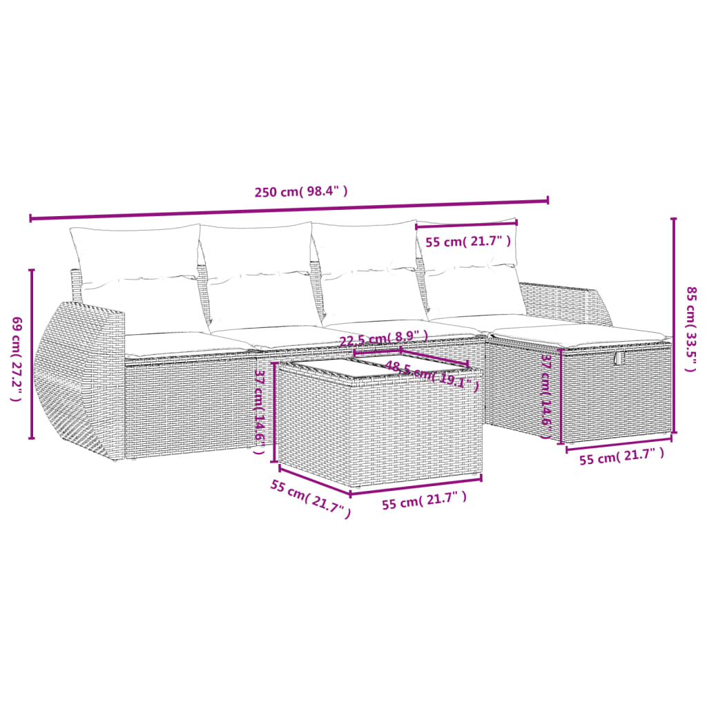 6-delige Loungeset met kussens poly rattan bruin