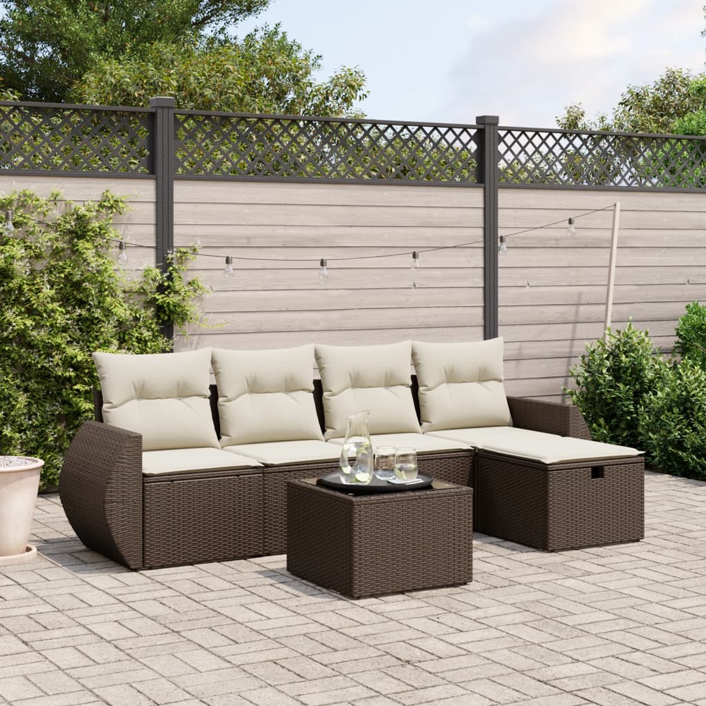 6-delige Loungeset met kussens poly rattan bruin