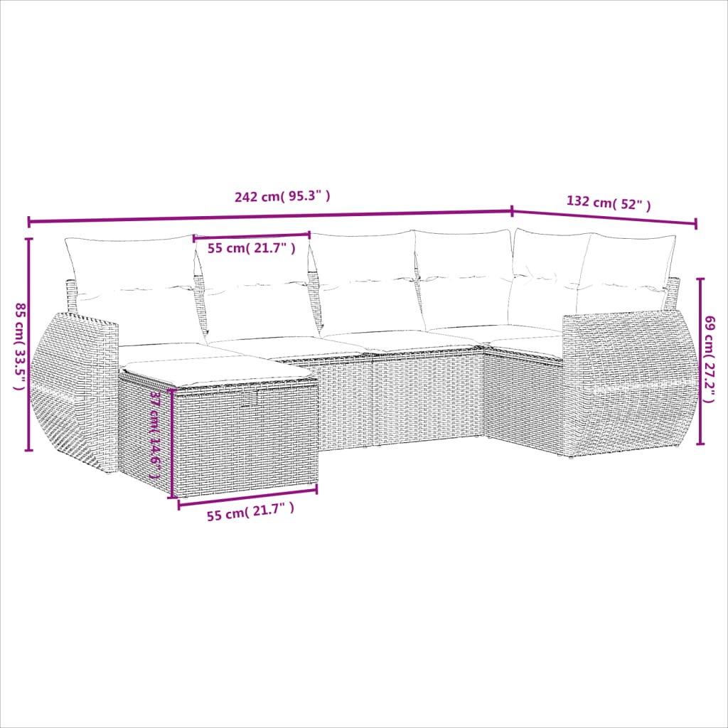 6-delige Loungeset met kussens poly rattan bruin