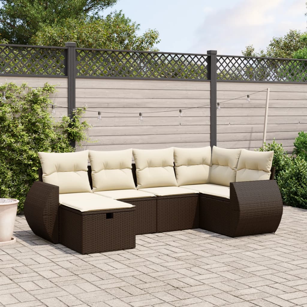 6-delige Loungeset met kussens poly rattan bruin