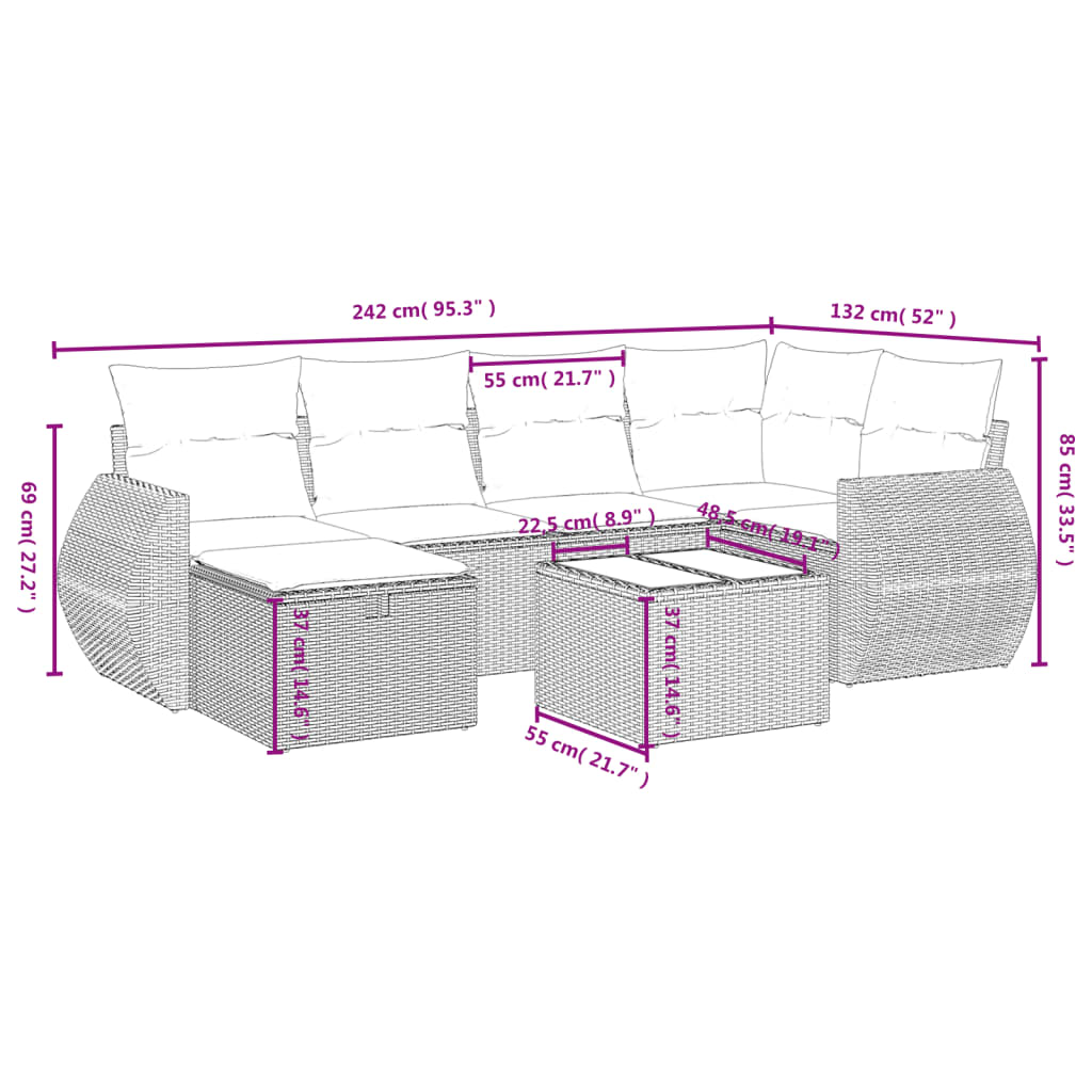 7-delige Loungeset met kussens poly rattan bruin