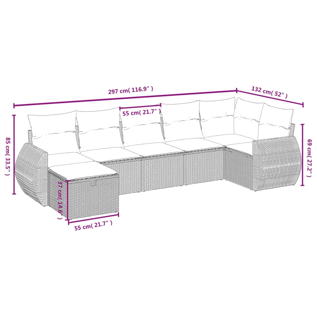 7-delige Loungeset met kussens poly rattan bruin