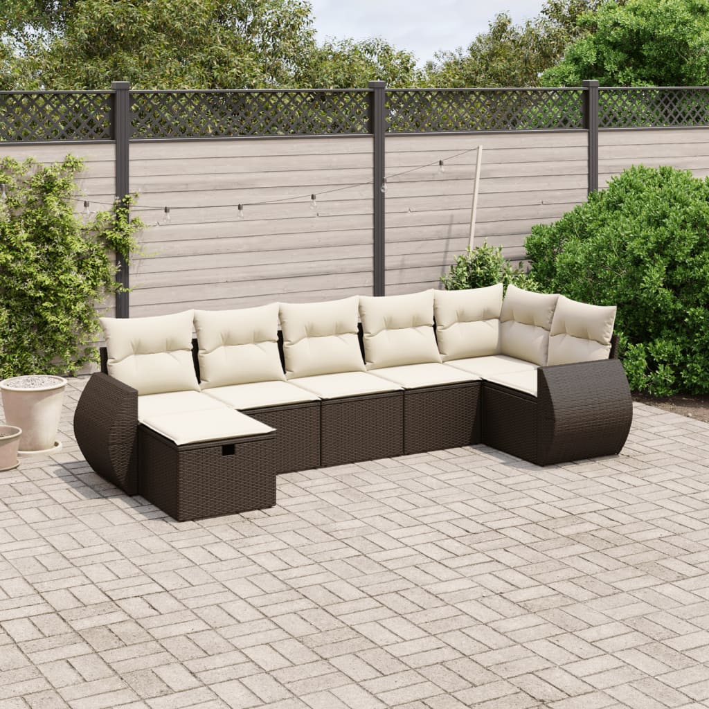 7-delige Loungeset met kussens poly rattan bruin