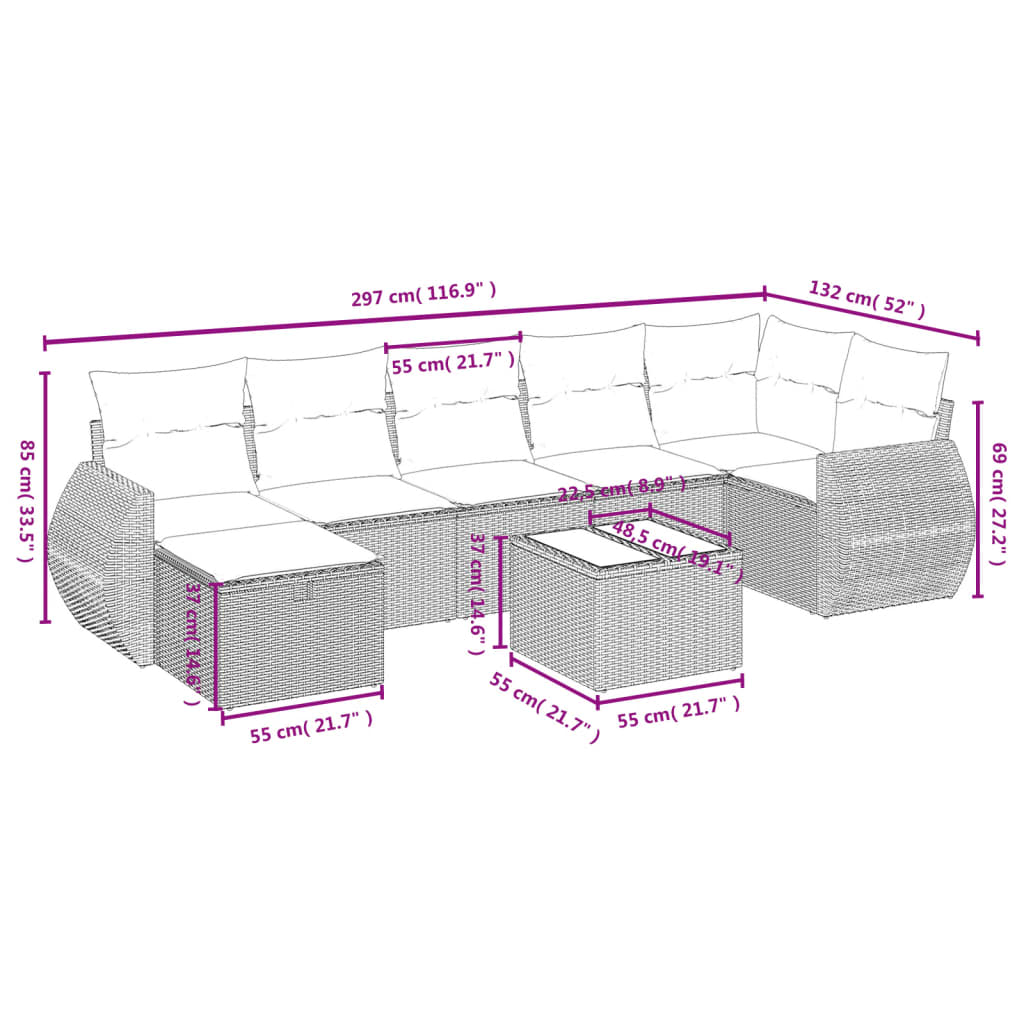 8-delige Loungeset met kussens poly rattan bruin