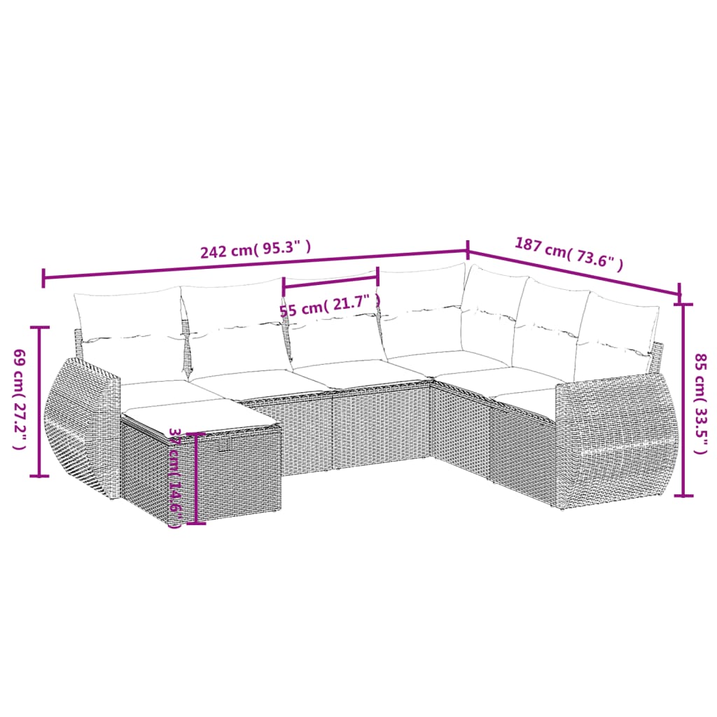 7-delige Loungeset met kussens poly rattan bruin