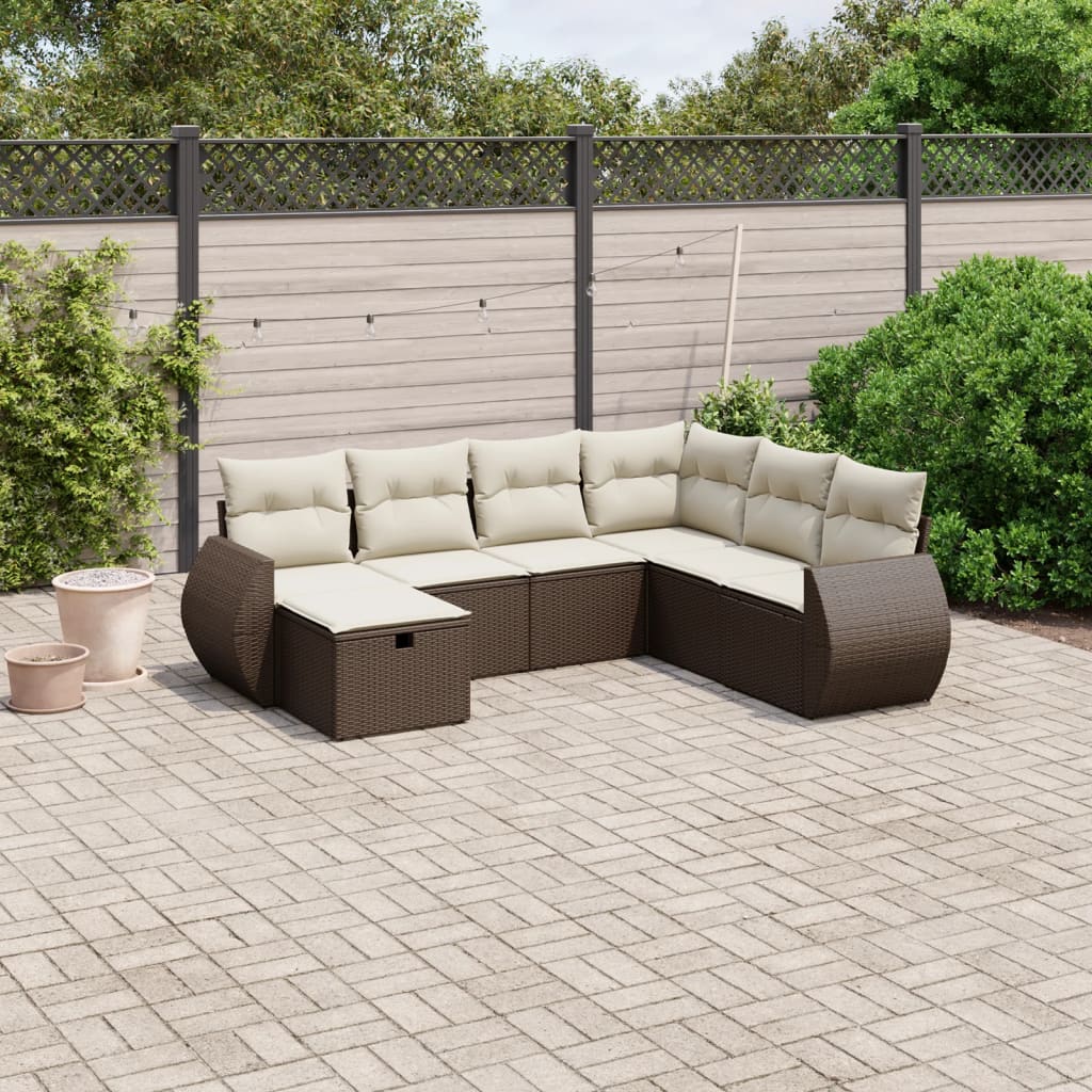 7-delige Loungeset met kussens poly rattan bruin