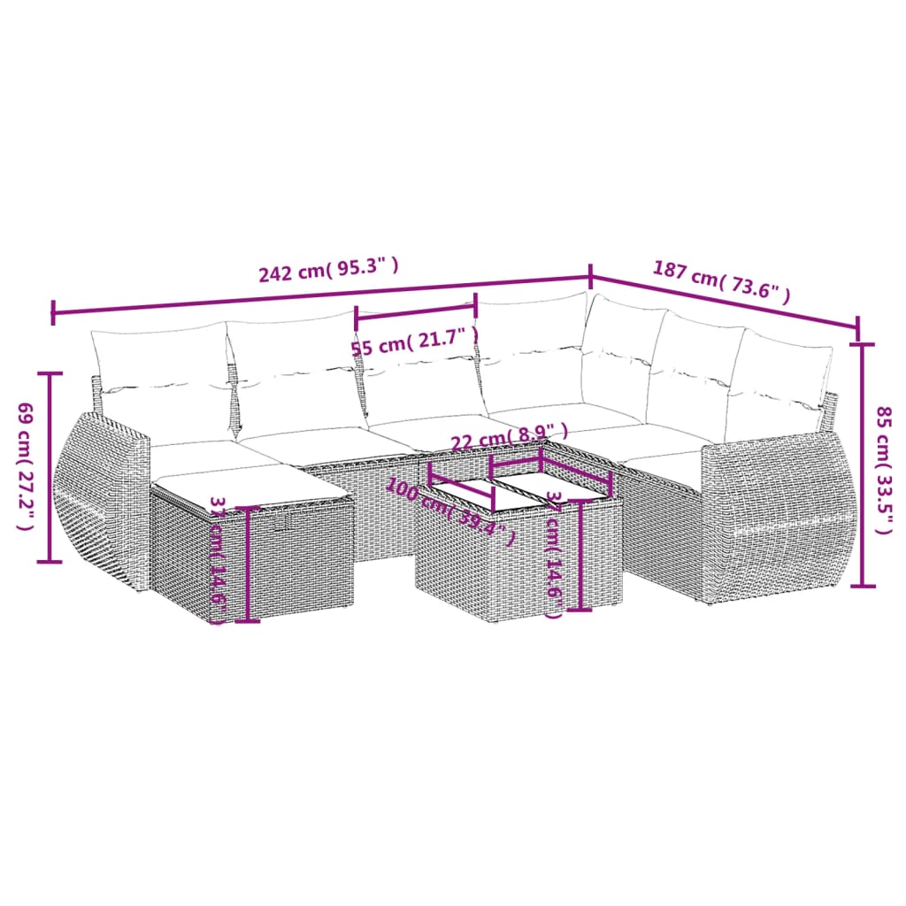 8-delige Loungeset met kussens poly rattan bruin