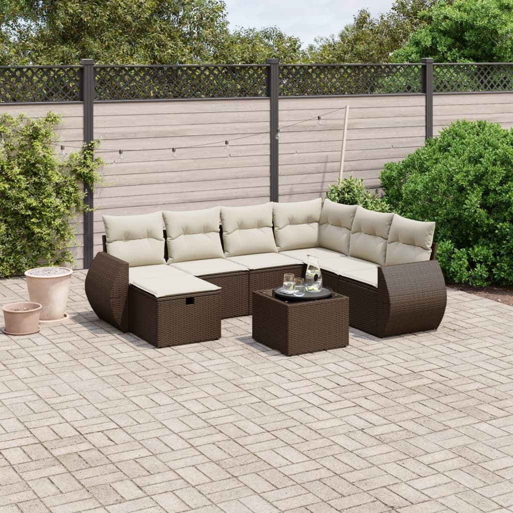 8-delige Loungeset met kussens poly rattan bruin