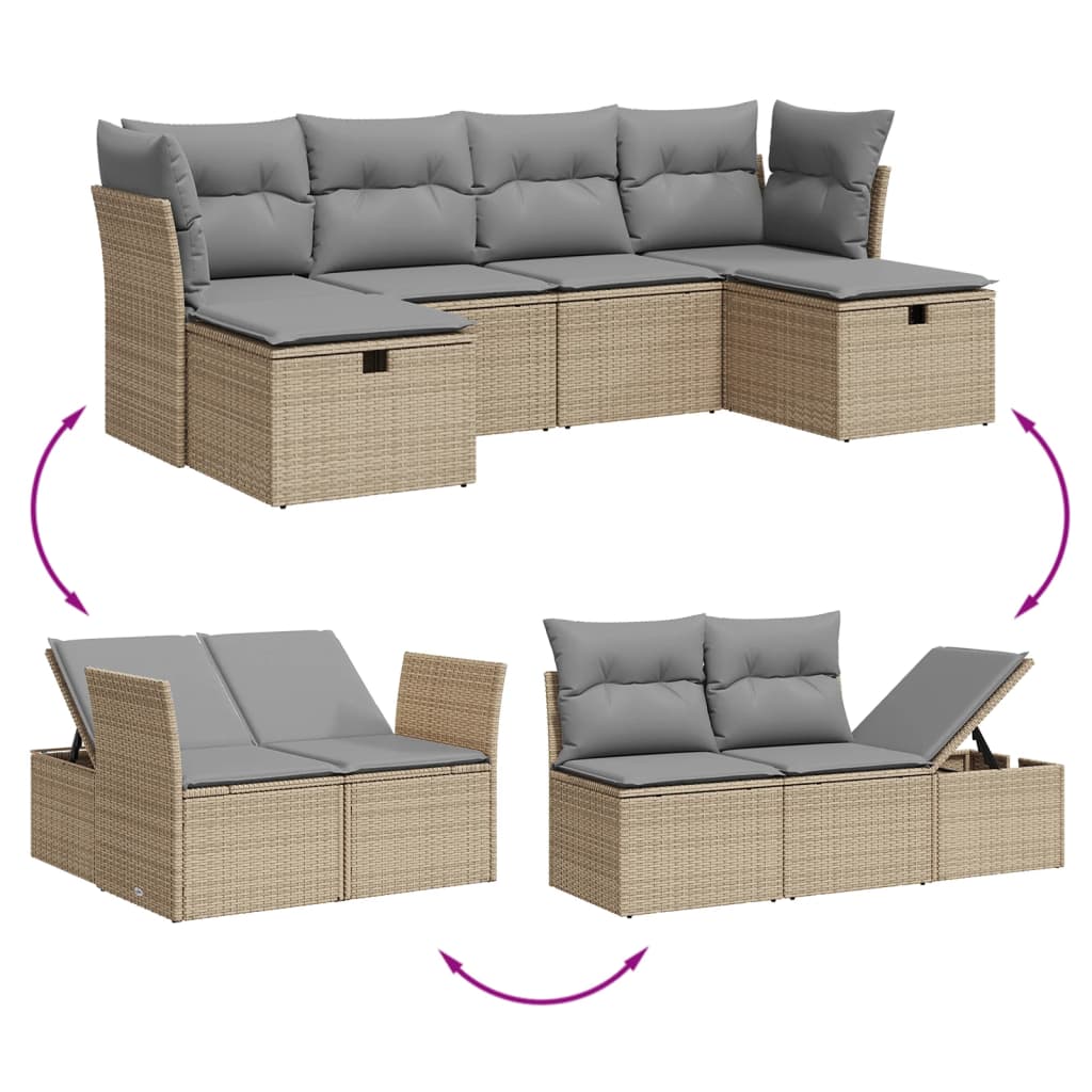 6-delige Loungeset met kussens poly rattan gemengd beige Tuinsets | Creëer jouw Trendy Thuis | Gratis bezorgd & Retour | Trendy.nl