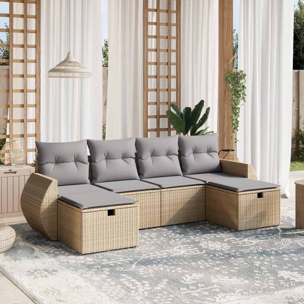 6-delige Loungeset met kussens poly rattan gemengd beige Tuinsets | Creëer jouw Trendy Thuis | Gratis bezorgd & Retour | Trendy.nl