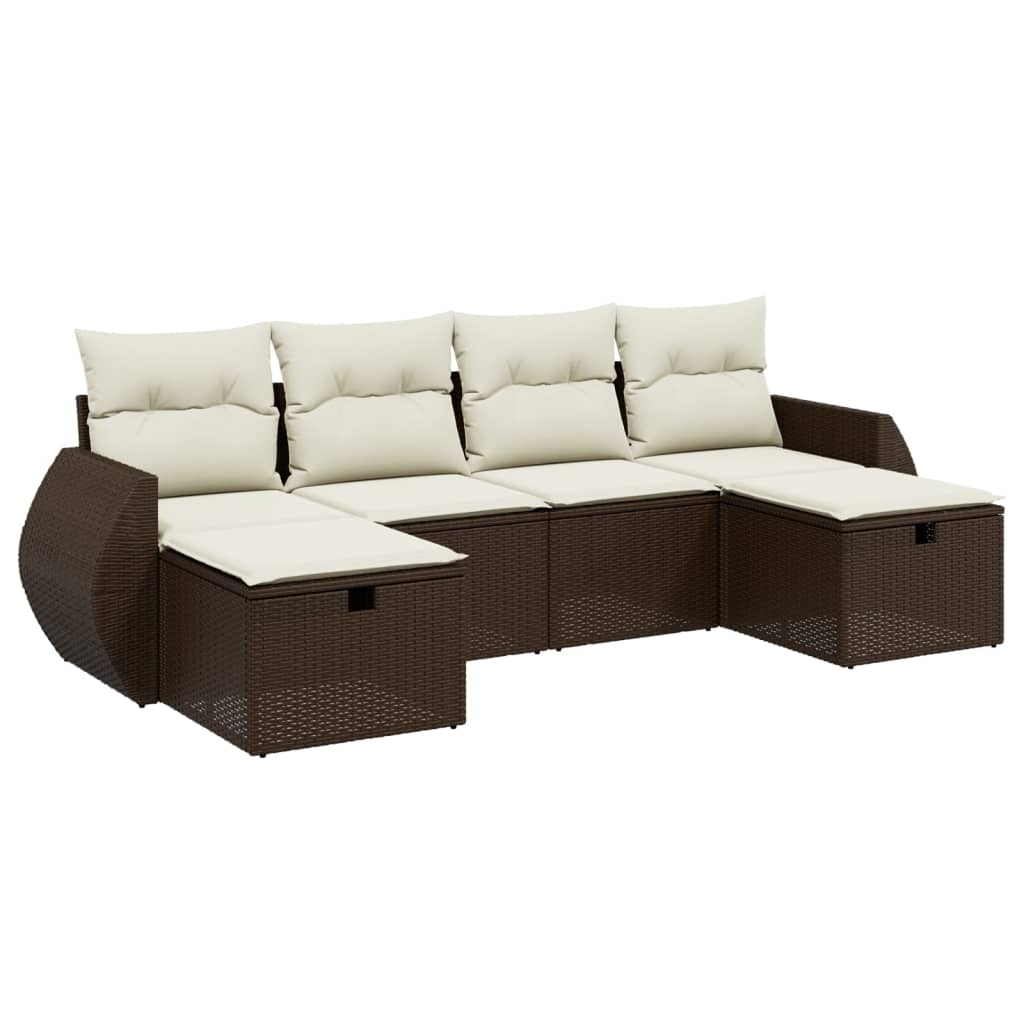 6-delige Loungeset met kussens poly rattan bruin